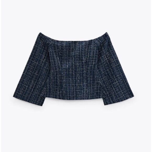 Zara Blue Black Tweed Textured Off-the-Shoulder Bell Flare Long Sleeves Top, NWT - Picture 1 of 7